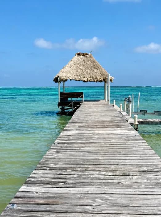 A long wooden pier running out over turquoise water to a thatched palapa